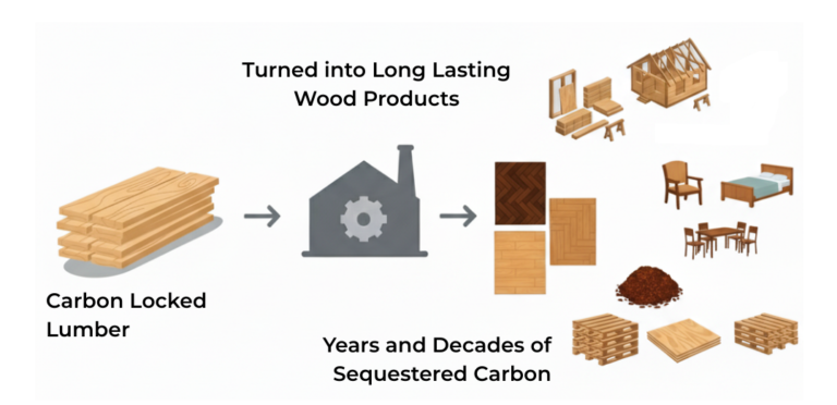 Diagram showing carbon locked in lumber being manufactured into long-lasting wood products like flooring, furniture, pallets, and log homes, extending carbon sequestration for years and decades.