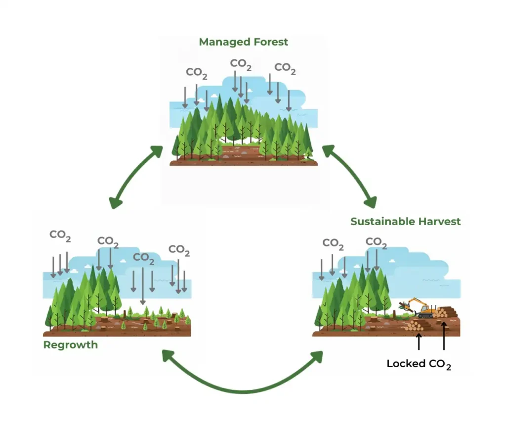 Infographic showing managed forest carbon cycle with sustainable harvesting and regrowth. Trees absorb CO₂, wood products lock in carbon, and replanting ensures long-term carbon sequestration and forest sustainability.