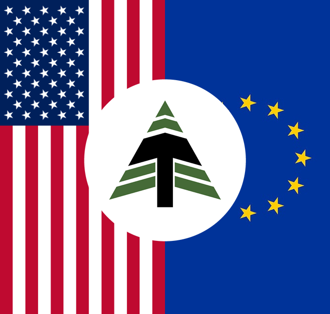 The Turman Group logo centered between a split background of the US and EU flags, symbolizing the US wood industry caught in the middle of the EUDR conflict.