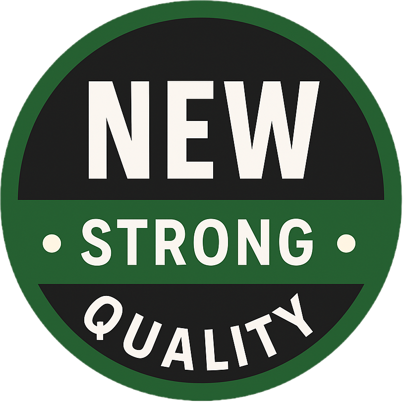 Blackberry Pallet New Construction Quality Badge Green and black quality badge with the words new, strong, and quality for Blackberry Pallet new hardwood construction pallets in Christiansburg Virginia.