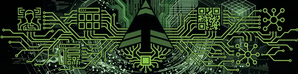 AI Business Tool Circuit Graphic Green circuit pattern, code textures, and the Blackberry Pallet tree mark on a dark technology background.