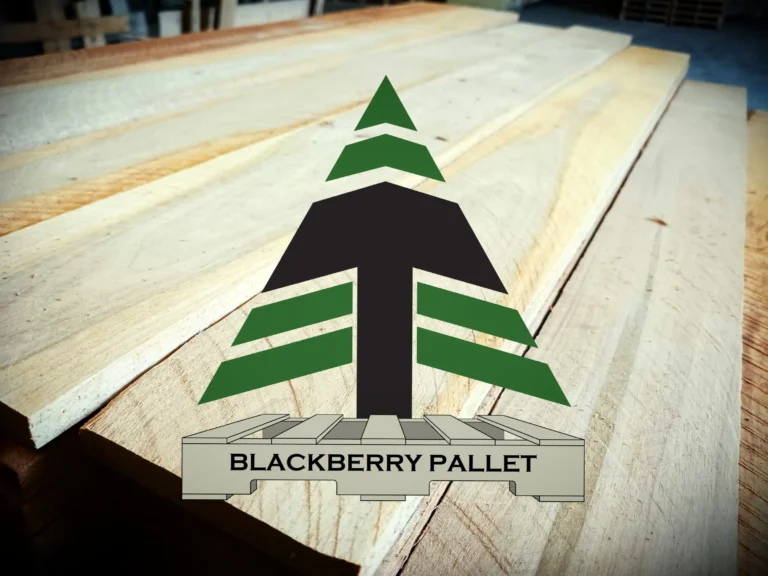 Blackberry Pallet tree mark over a close-up background of light hardwood pallet lumber.
