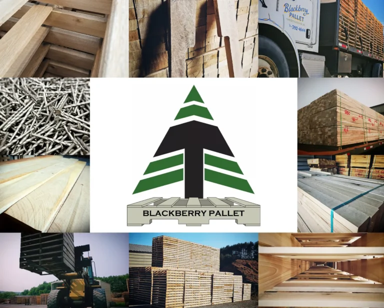 Collage of pallet lumber, nails, bundled pallet stock, forklift handling, stacked pallets, and the Blackberry Pallet logo.