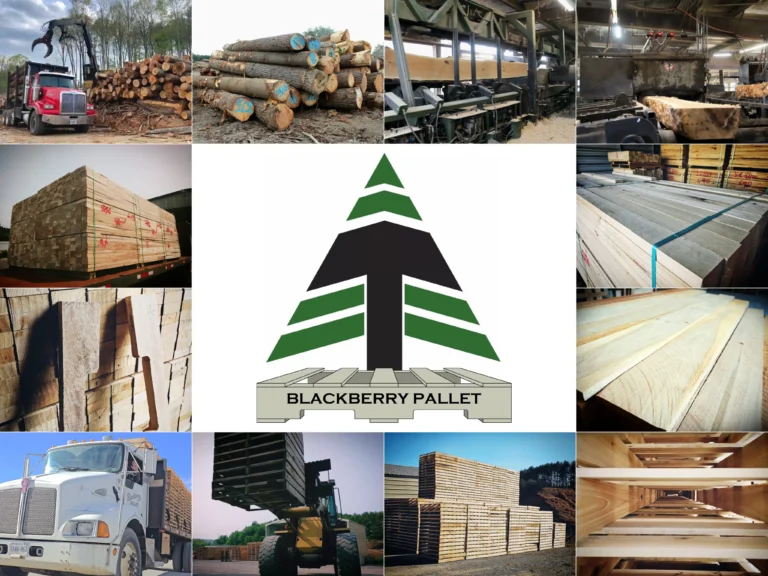 Collage showing logs, sawmill equipment, pallet stock, finished pallets, a Blackberry Pallet truck, and the Blackberry Pallet logo.
