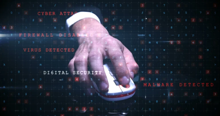Digital security graphic with a hand touching a screen and warning text for cyber attack, firewall disabled, virus detected, and malware detected.