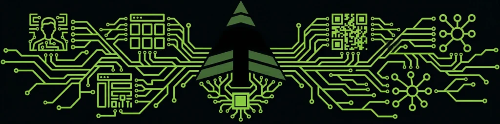 Digital Strategy and AI Circuit Graphic Green circuit pattern with a Blackberry Pallet tree mark on a dark technology background.