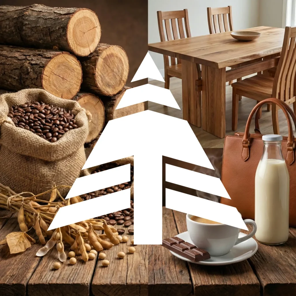 EUDR Commodity Compliance Graphic - Blackberry Pallet Collage of logs, coffee beans, soybeans, wood furniture, leather goods, milk, chocolate, and the Turman Group tree mark.
