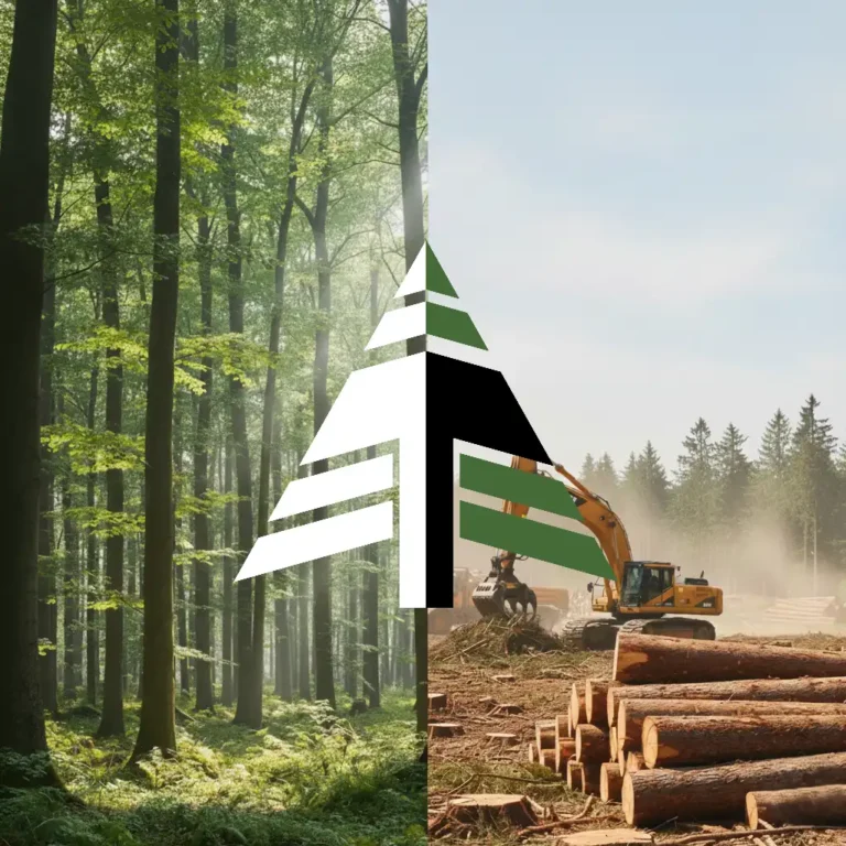 Split image of a green forest and active logging site with the Turman Group tree mark over the center.