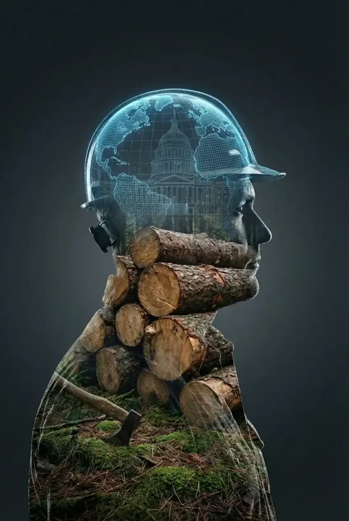 Double exposure of a forestry worker with logs, a government building, and a global map representing hardwood supply chain uncertainty.
