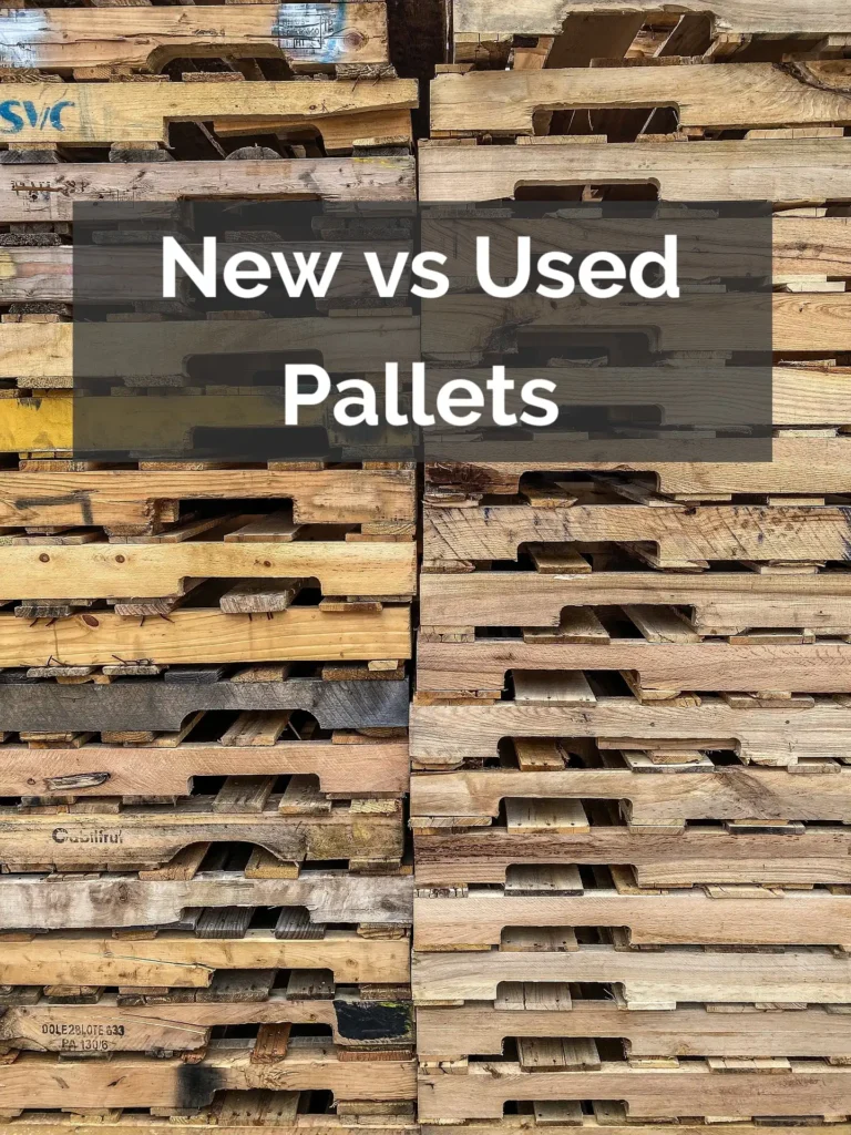 Stacks of worn used pallets with an overlay reading New vs Used Pallets.