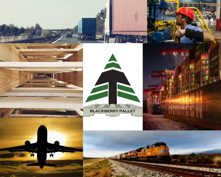 Collage of highway freight, warehouse work, wooden pallet construction, port containers, rail transport, and the Blackberry Pallet logo.
