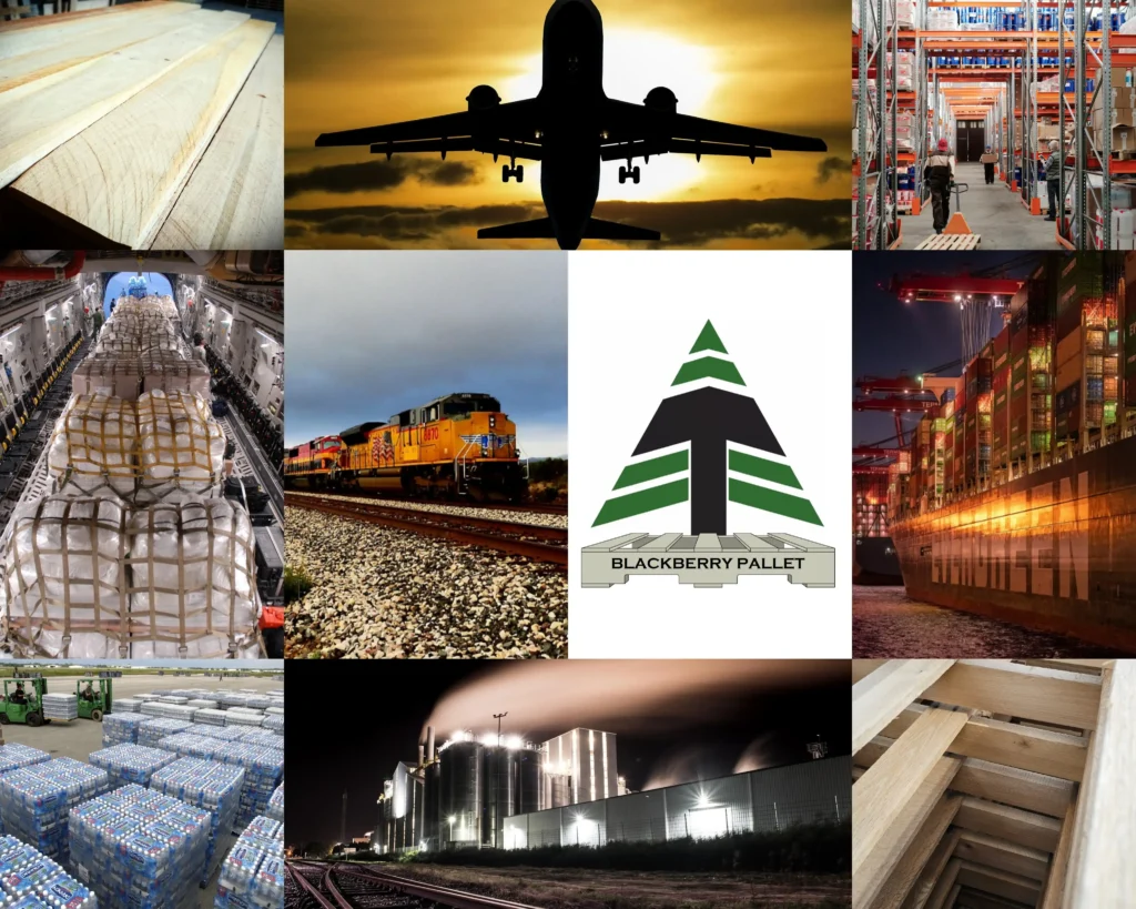 Collage of pallet lumber, aircraft cargo, warehouse storage, container shipping, rail freight, and the Blackberry Pallet logo.