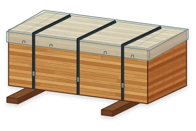 Assembled lumber bundle with protective sheeting, strapping, clips, and dunnage.