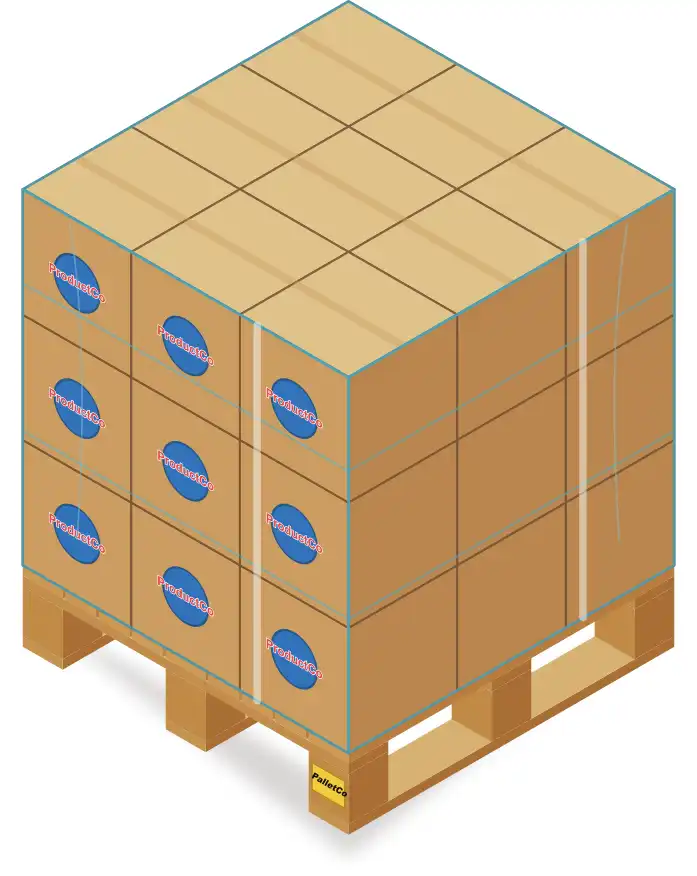 Palletized load of ProductCo boxes on a PalletCo pallet.