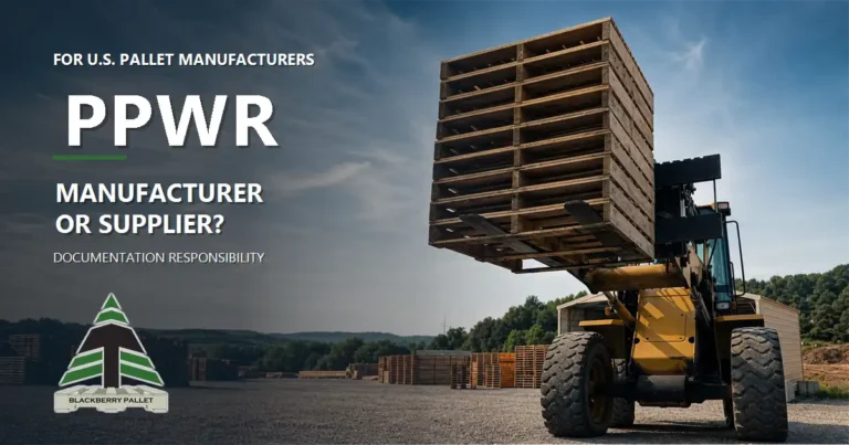 Front loader carrying wooden pallets for an article about PPWR responsibilities for U.S. pallet manufacturers.